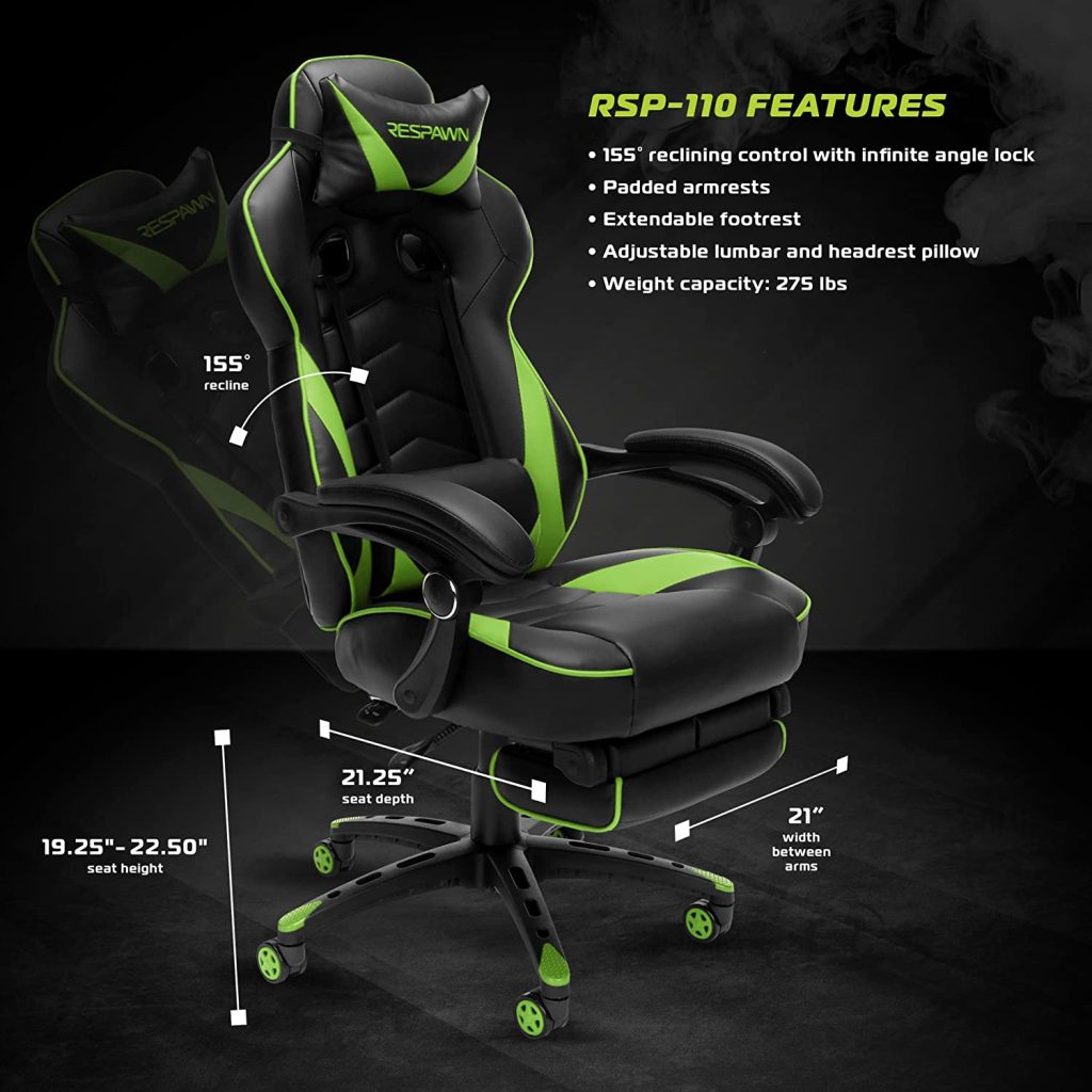 Best chair for herniated disc RESPAWN 110 Racing-style high back Ergonomic Chair with Footrest Recliner, Adjustable Lumbar Support, Headrest Pillow