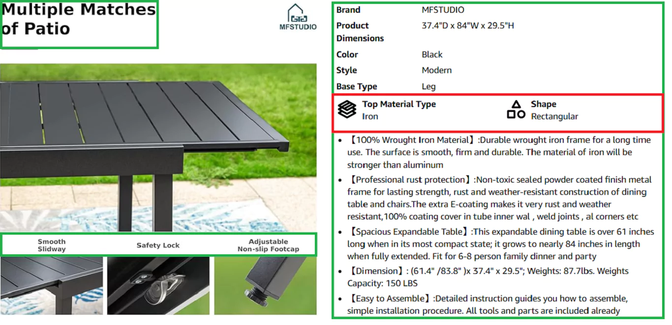 MFSTUDIO 6-8 Person Outdoor Expandable Rectangle Table Patio