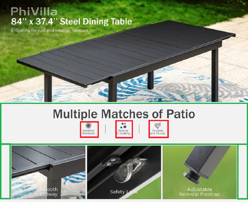 PHI VILLA Expandable Patio Dining Table Metal Outdoor Table